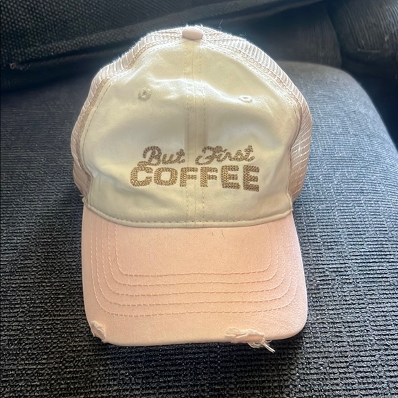 Pink and Cream Trucker Hat with Coffee Embroidery - Picture 1 of 2
